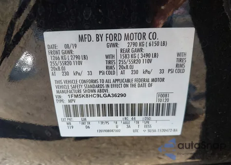 2020 Ford Explorer Platinum из США, поврежденный, VIN 1FM5K8HC9LGA36290